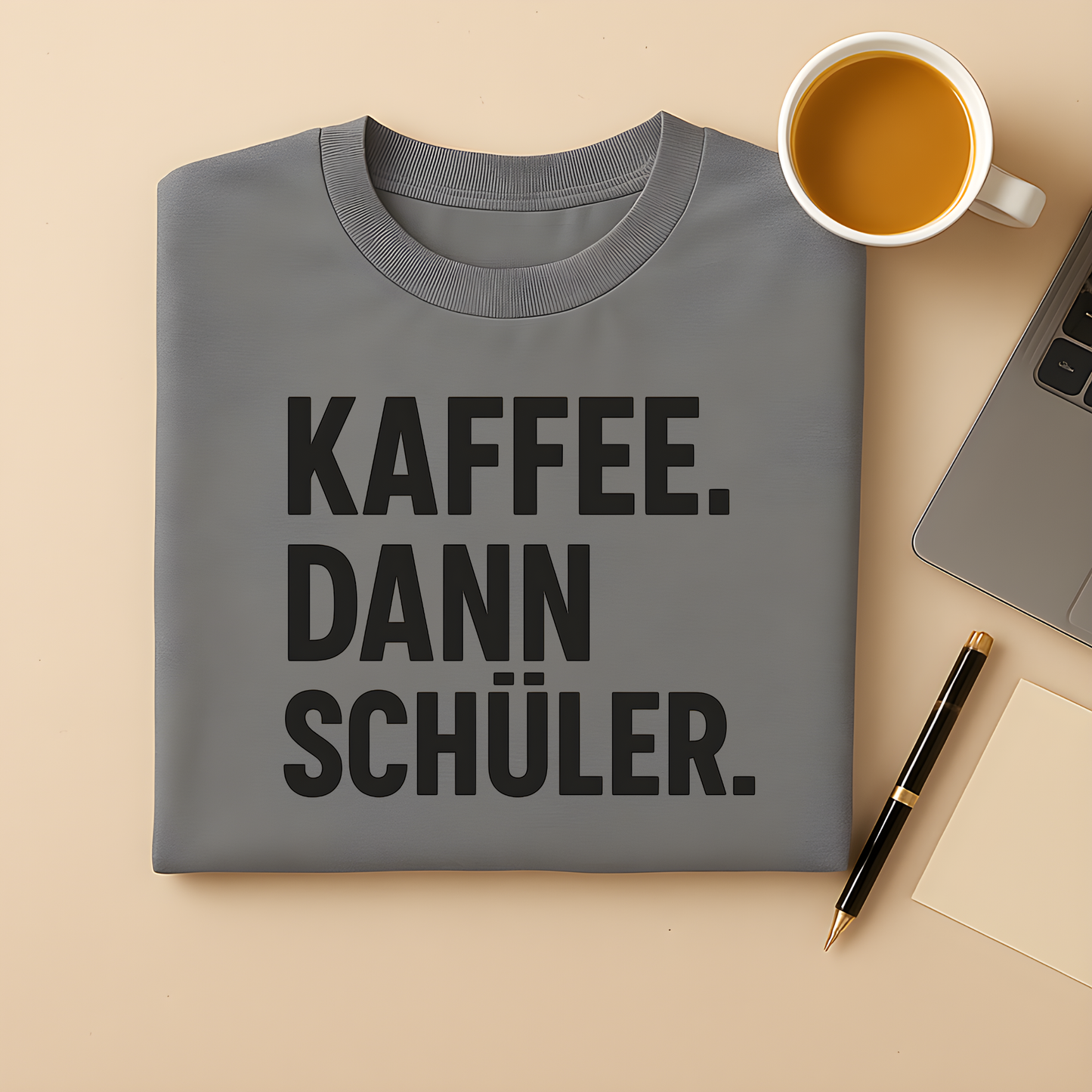 Kaffee. Dann Schüler. T-Shirt