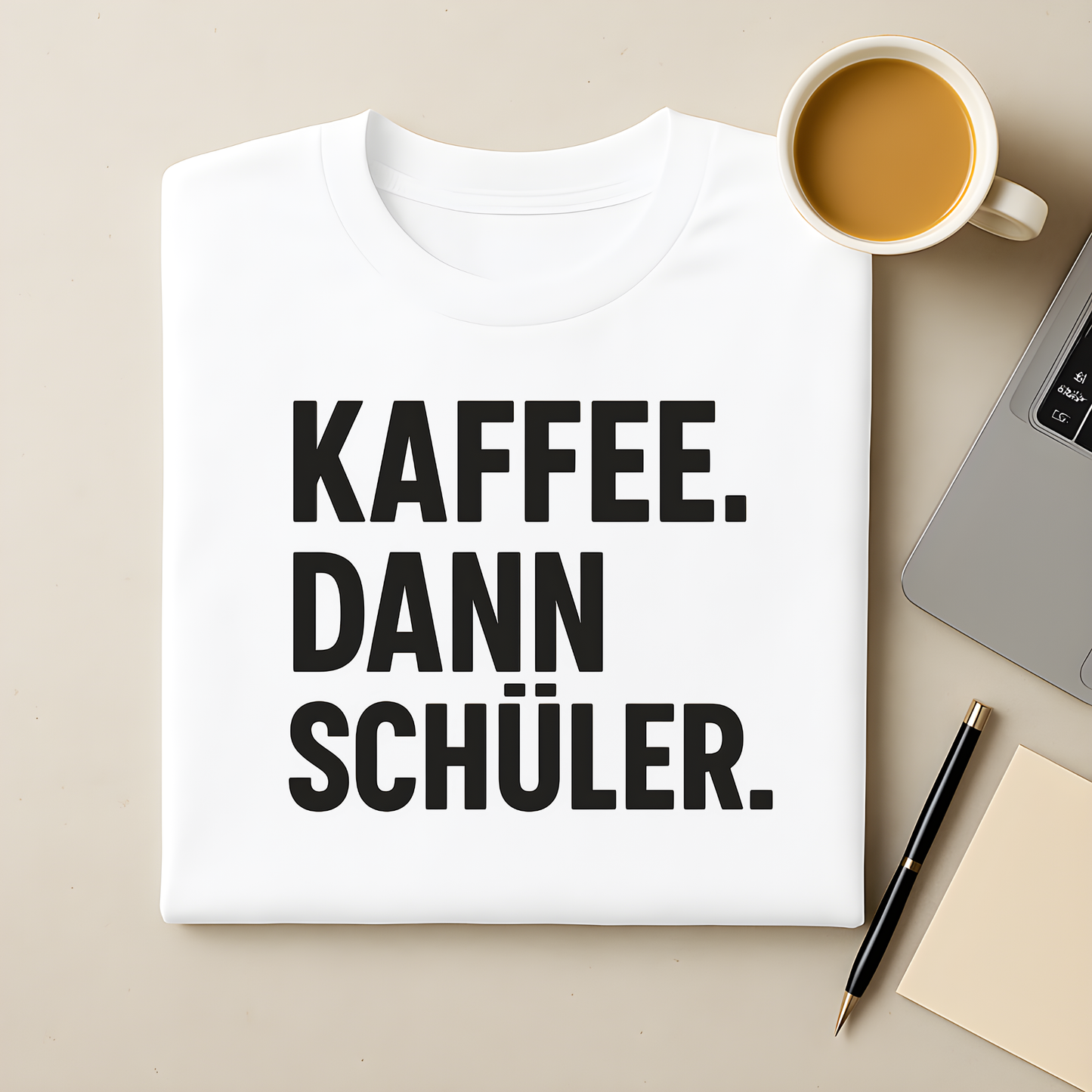Kaffee. Dann Schüler. T-Shirt